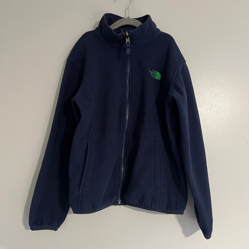 The North Face Boys Navy Blue Full Zip Fleece Jacket Green Logo Size M 10/12